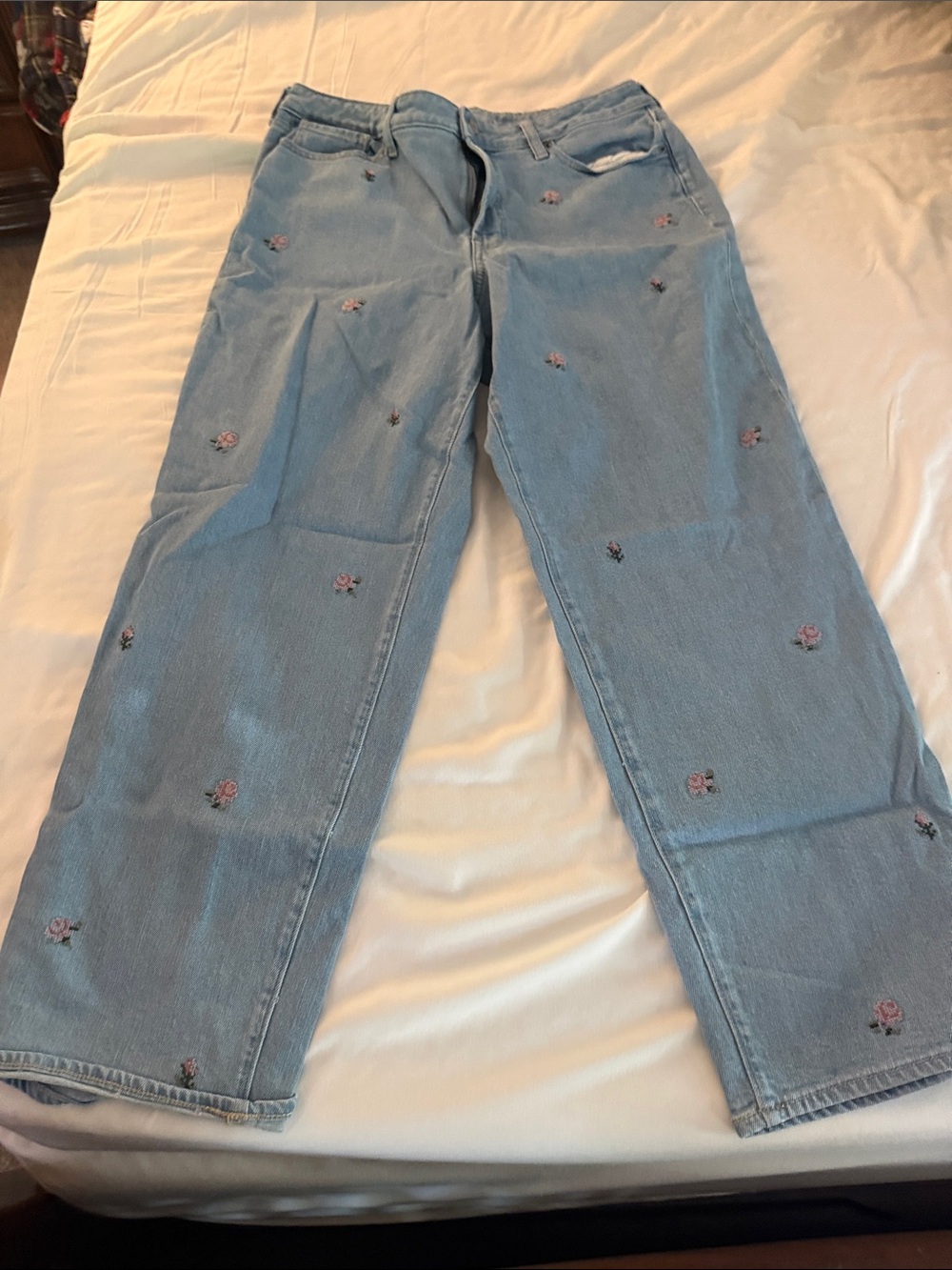 Old Navy Light Blue Straight-Leg Jeans with Pink Floral Embroidery